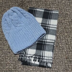 ** Blue Knit Beanie and Black Plaid Scarf Set